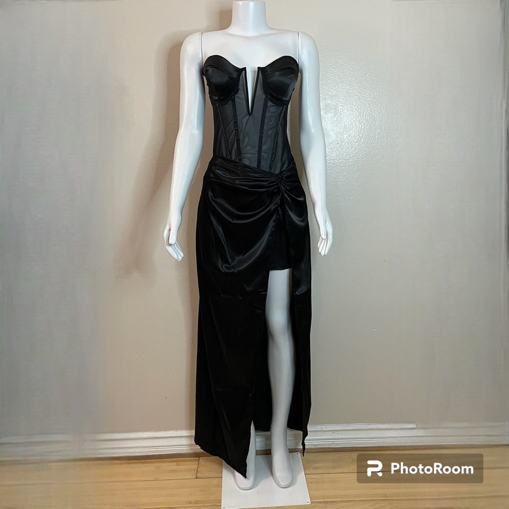 Black satin strapless mesh corset high slit twisted maxi dress